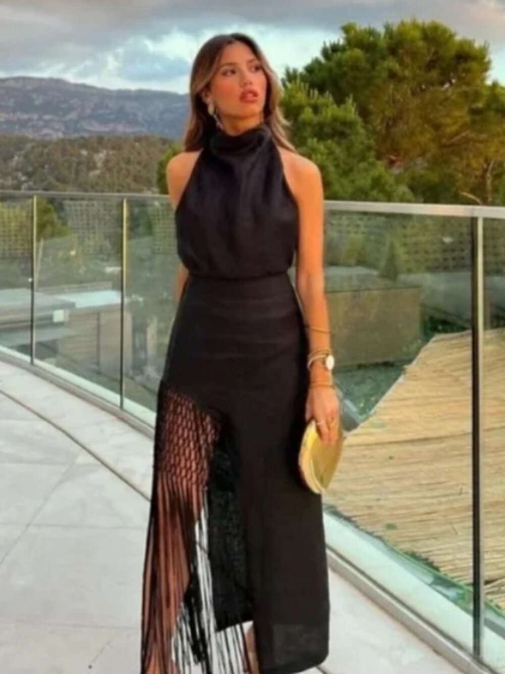 ZARA Black 100% Linen Macramé Fringed Midi Skirt Side Slit Bloggers Fav Size L